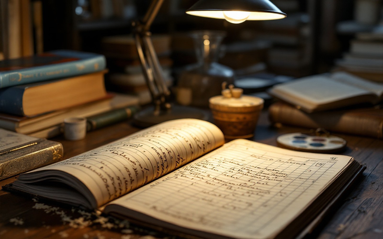 A handwritten nineteenth-century account ledger open flat on a table under an archive lamp