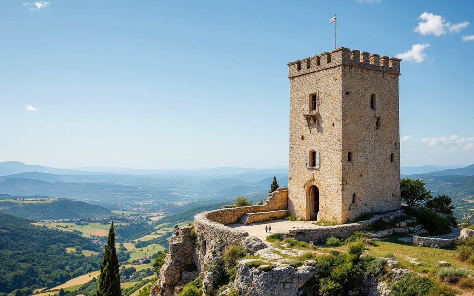 A small square stone tower with a crenellated top standing at the edge of a ridge, valley beyond