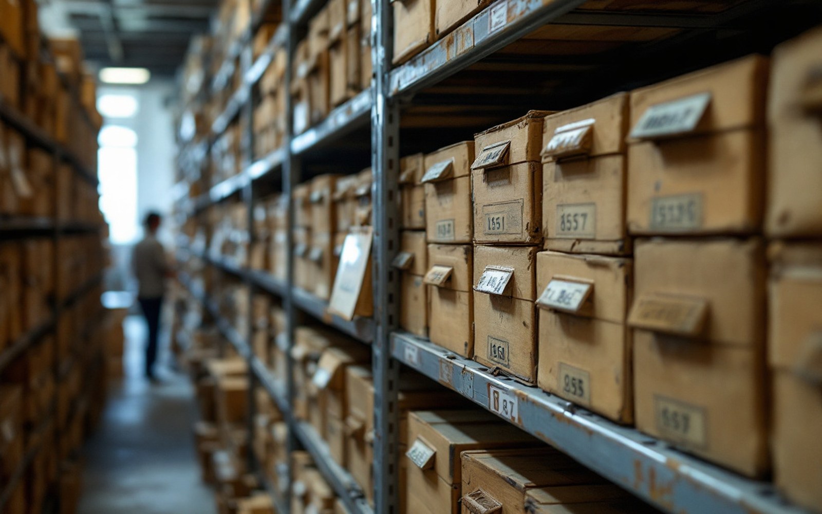Rows of numbered archive boxes on metal shelving in a document store