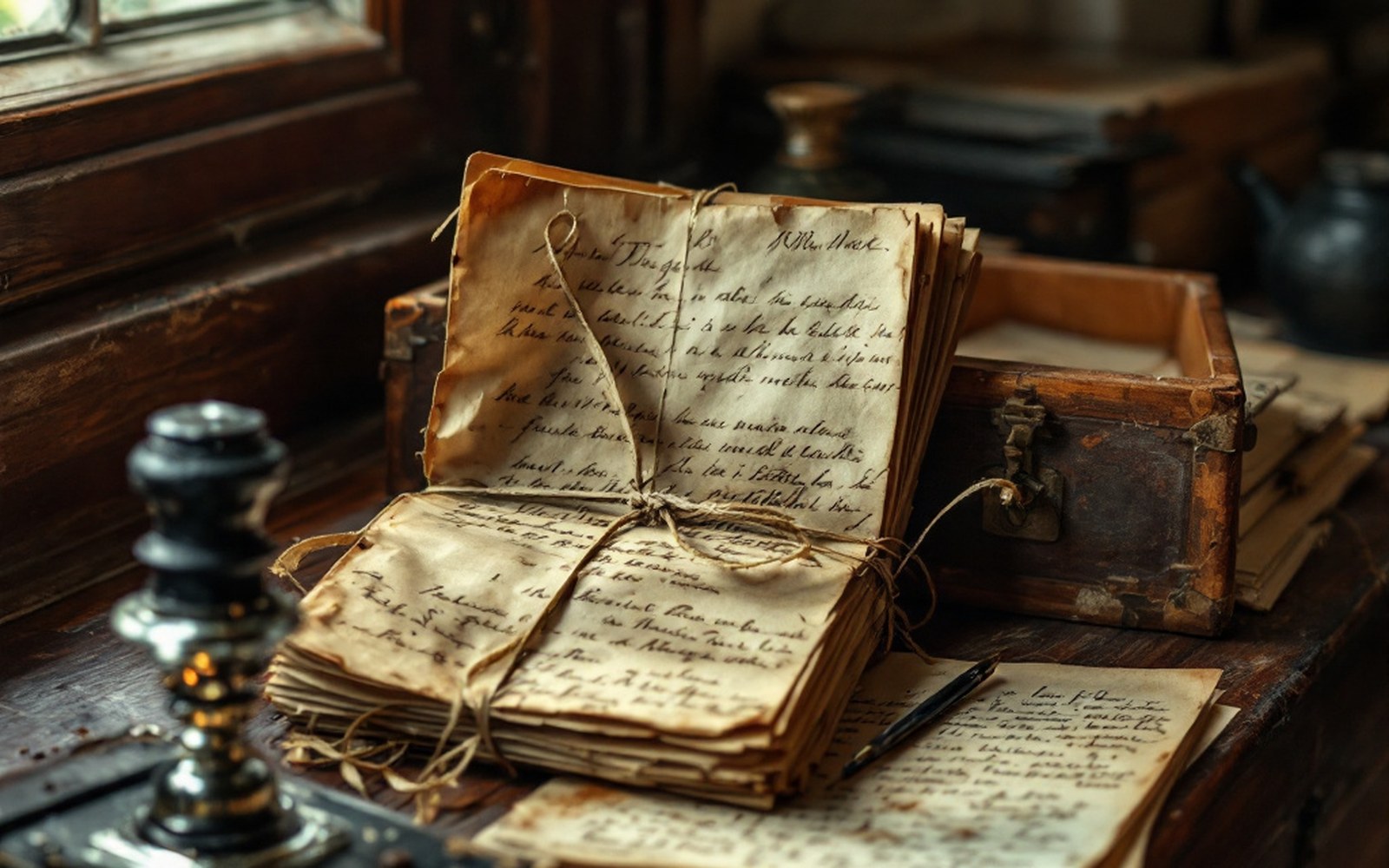 A bundle of nineteenth-century letters tied with tape beside an inkwell