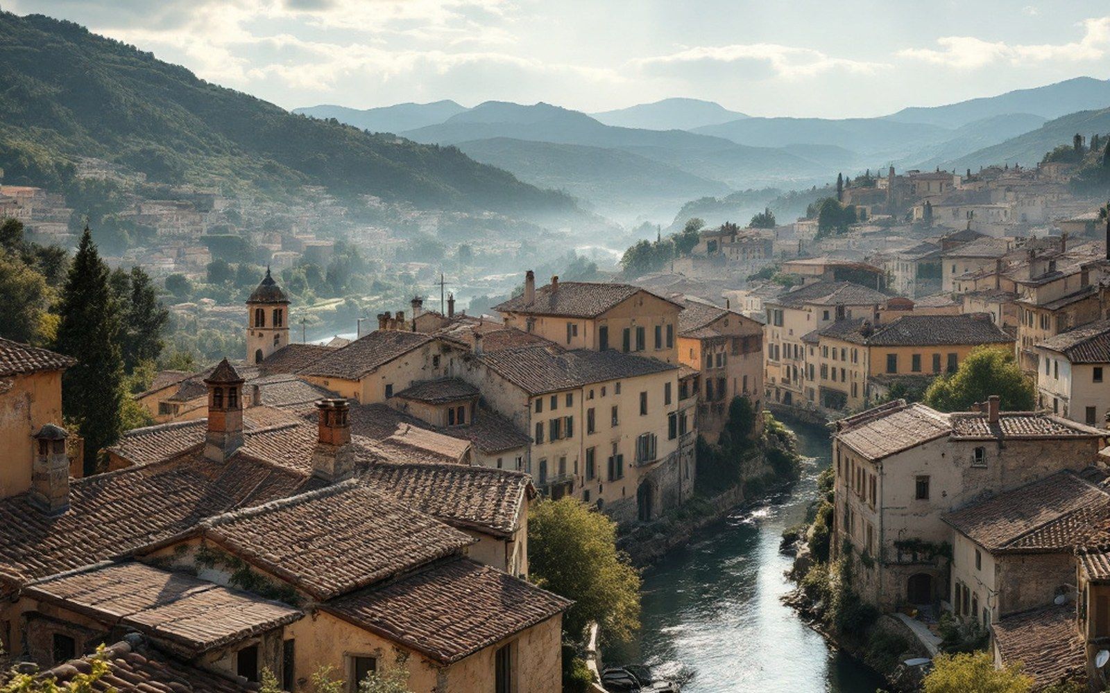 A small French valley town of tiled roofs beside a river, low hills behind