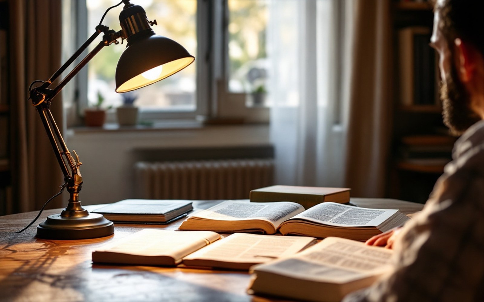 An archive reading room with bound registers on a table and a reader's lamp
