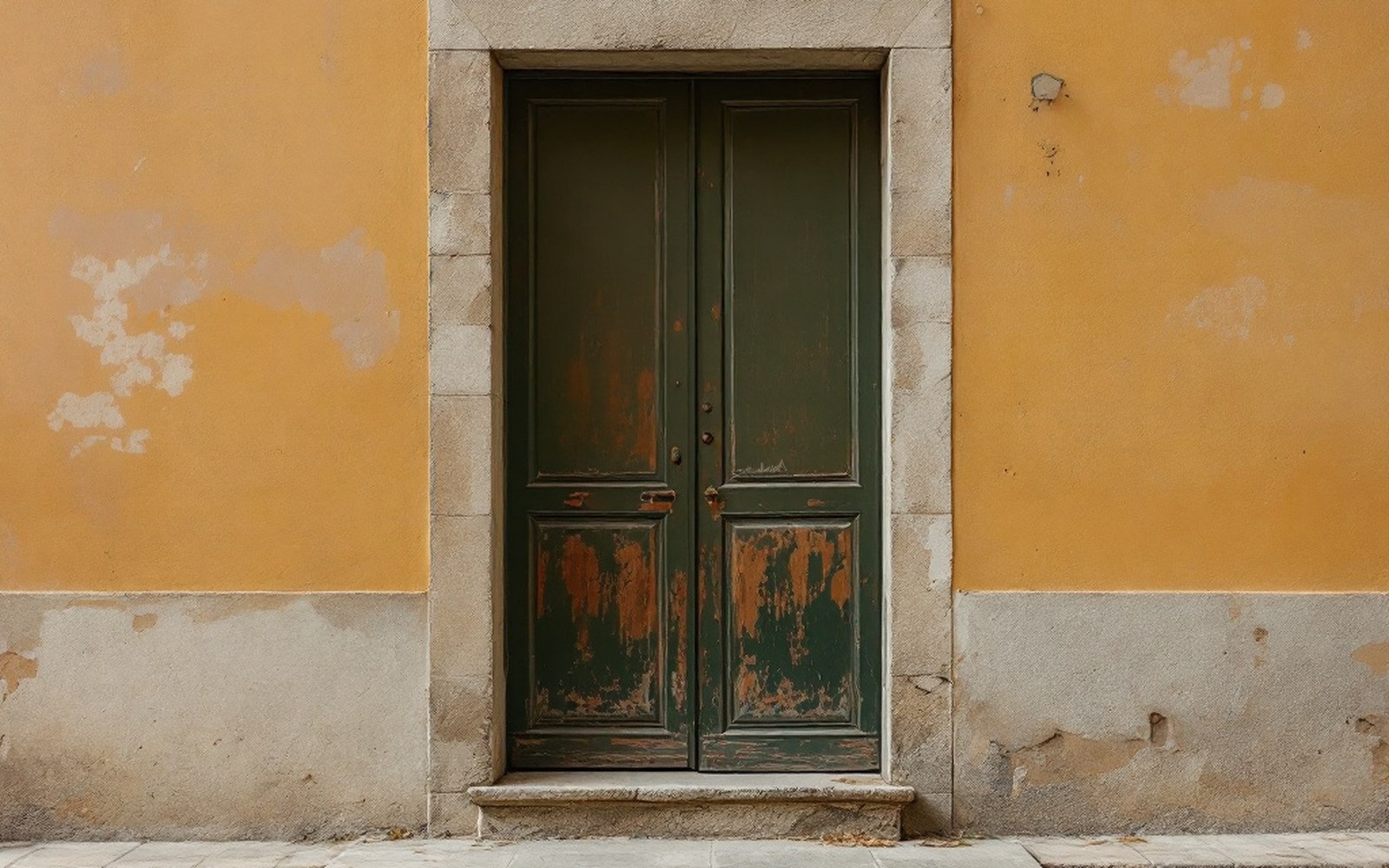 A modest village house frontage with a closed shutter and a worn doorstep