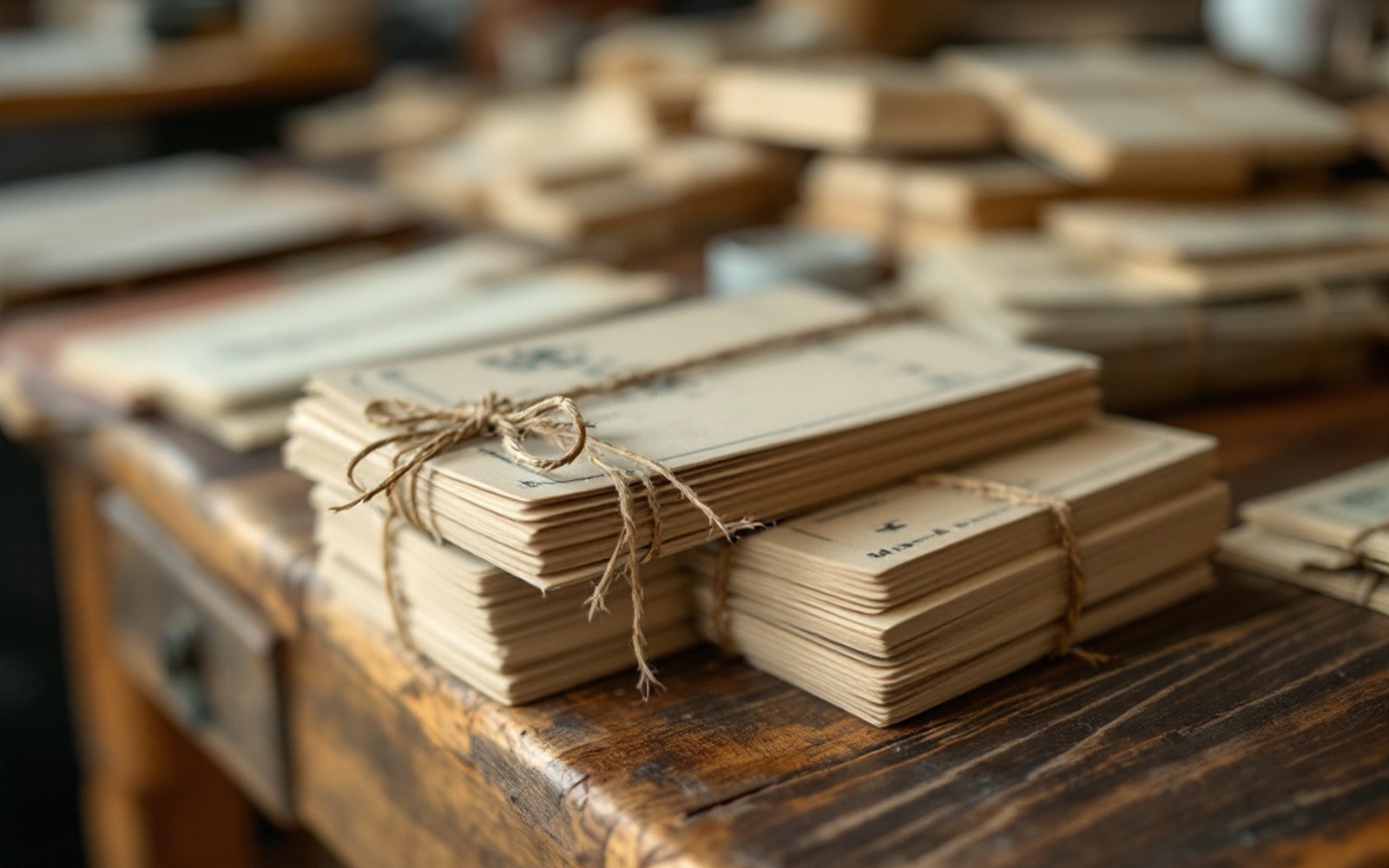 A stack of small printed mass cards bundled with string on a wooden table