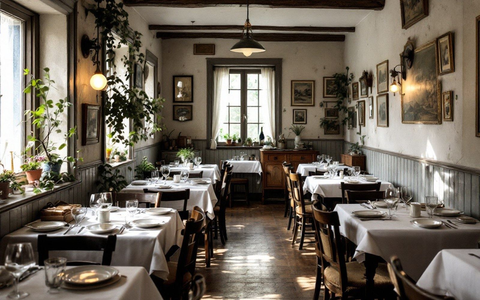 A small country restaurant dining room of the 1950s with laid tables, no diners