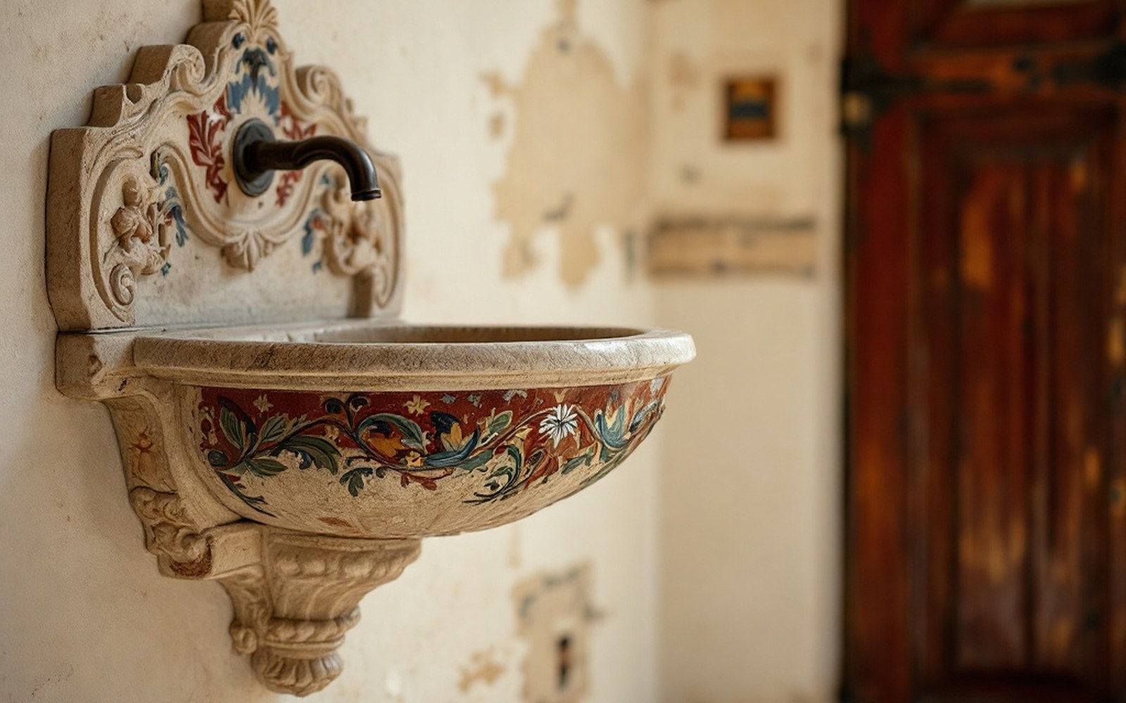 Close on a carved and painted stone basin mounted beside a church door, side light