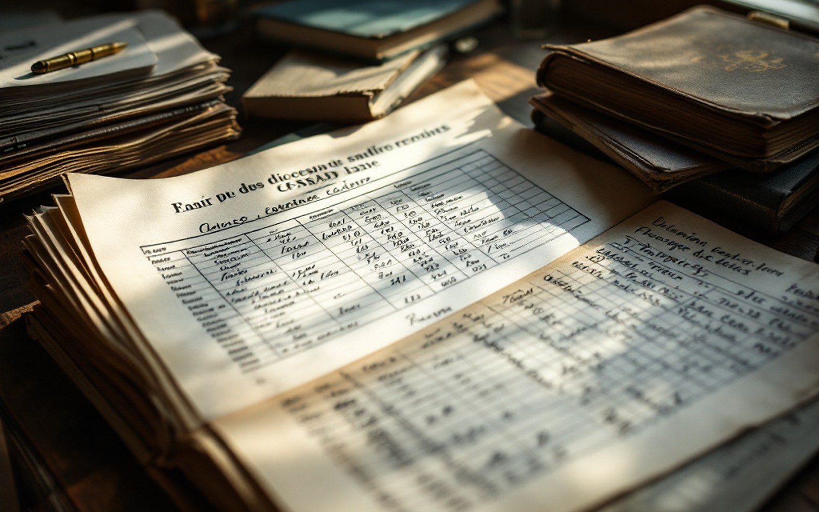A printed diocesan salary table and handwritten receipts spread on a desk