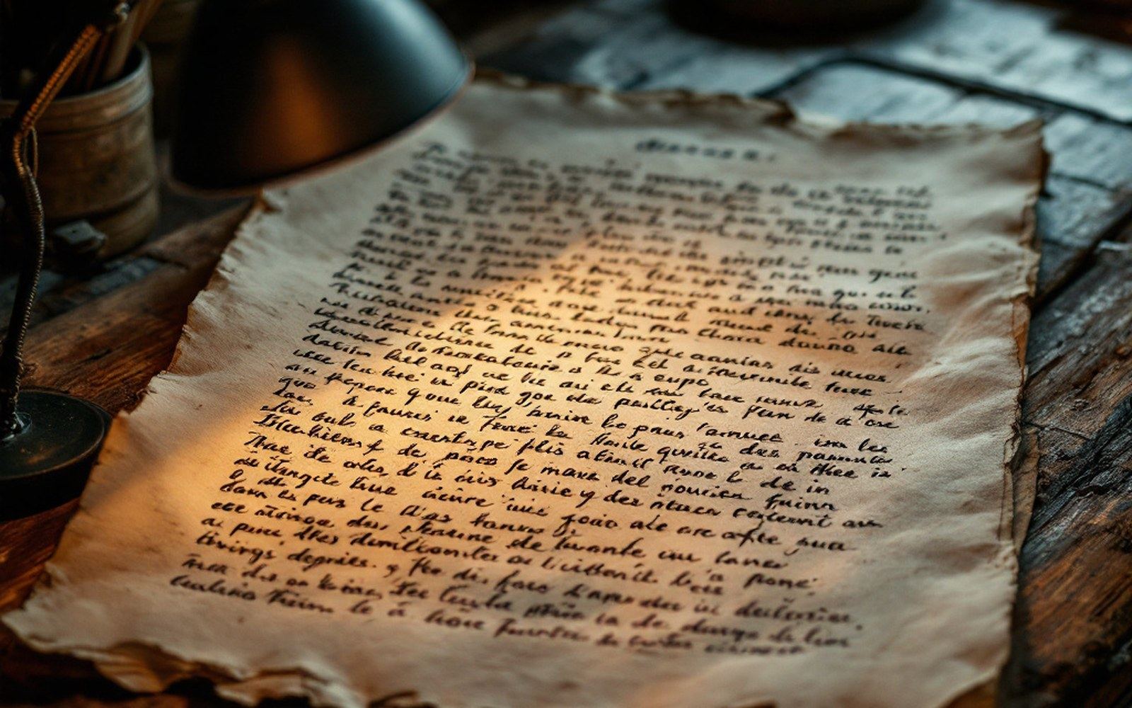 A sheet of paper covered in dense hand-copied lettering, held flat under a lamp