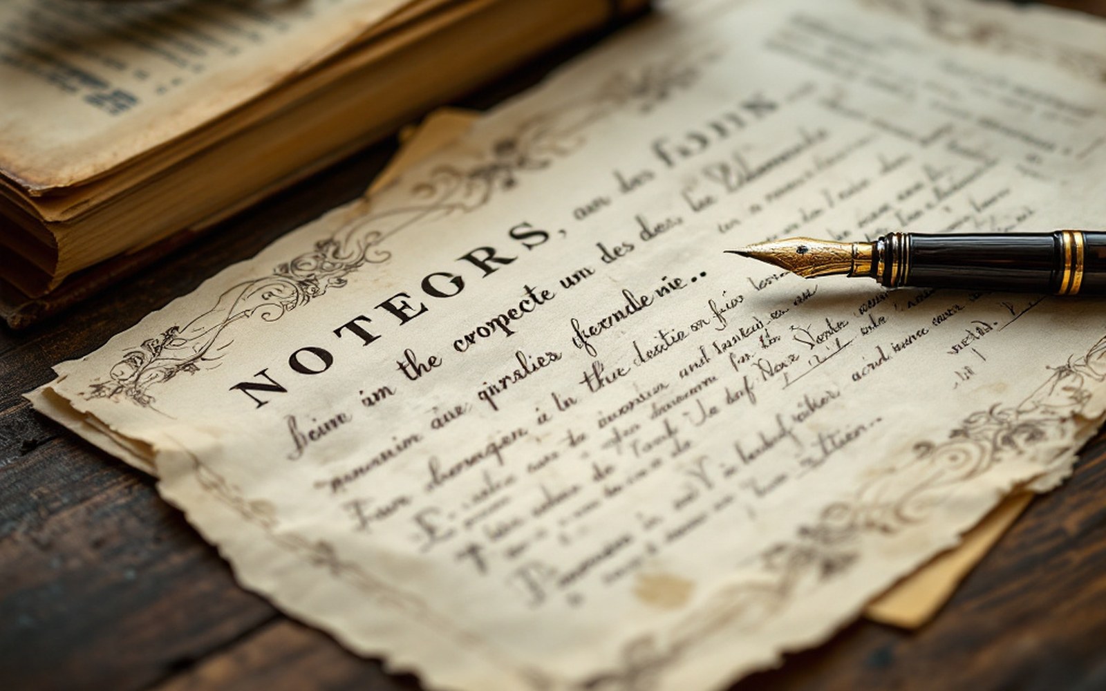 A typed sheet with an ornate letterhead lying on a desk beside a fountain pen