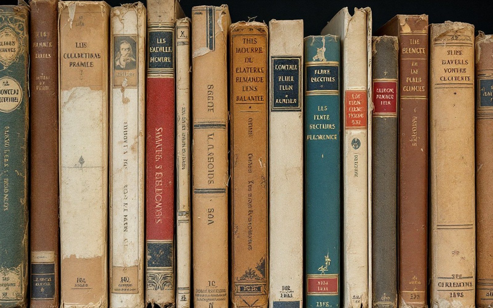 A shelf of mismatched paperbacks and bound volumes seen along the spines