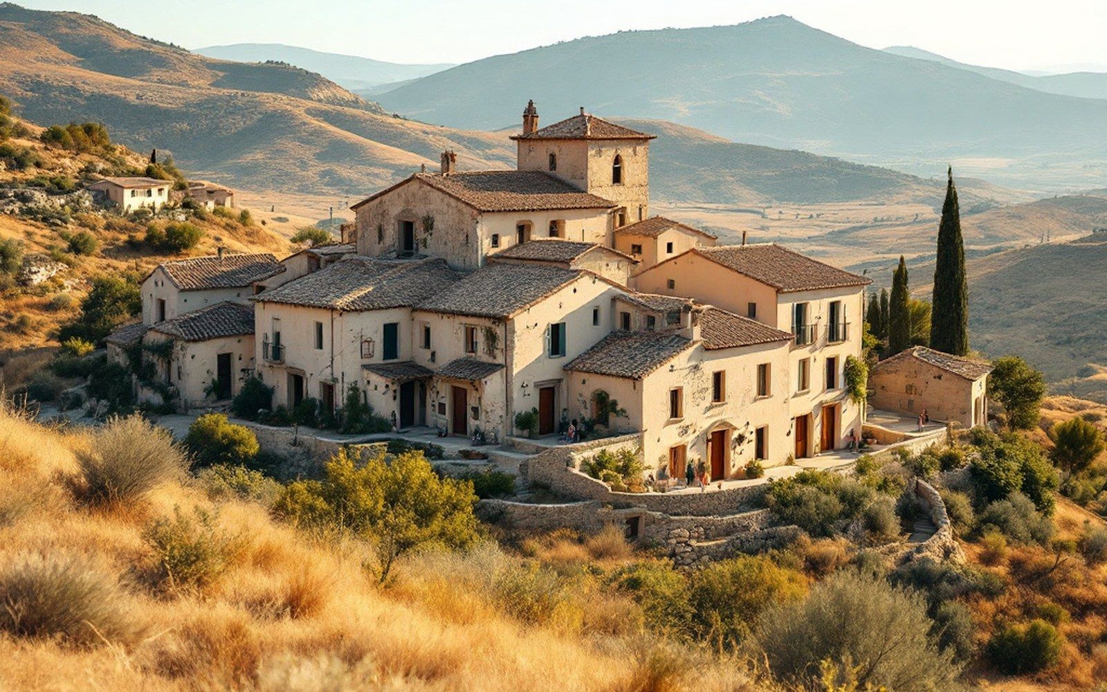 A very small hilltop village of pale stone houses with terracotta roofs seen from below across dry scrubland, bare hills behind, hard afternoon light