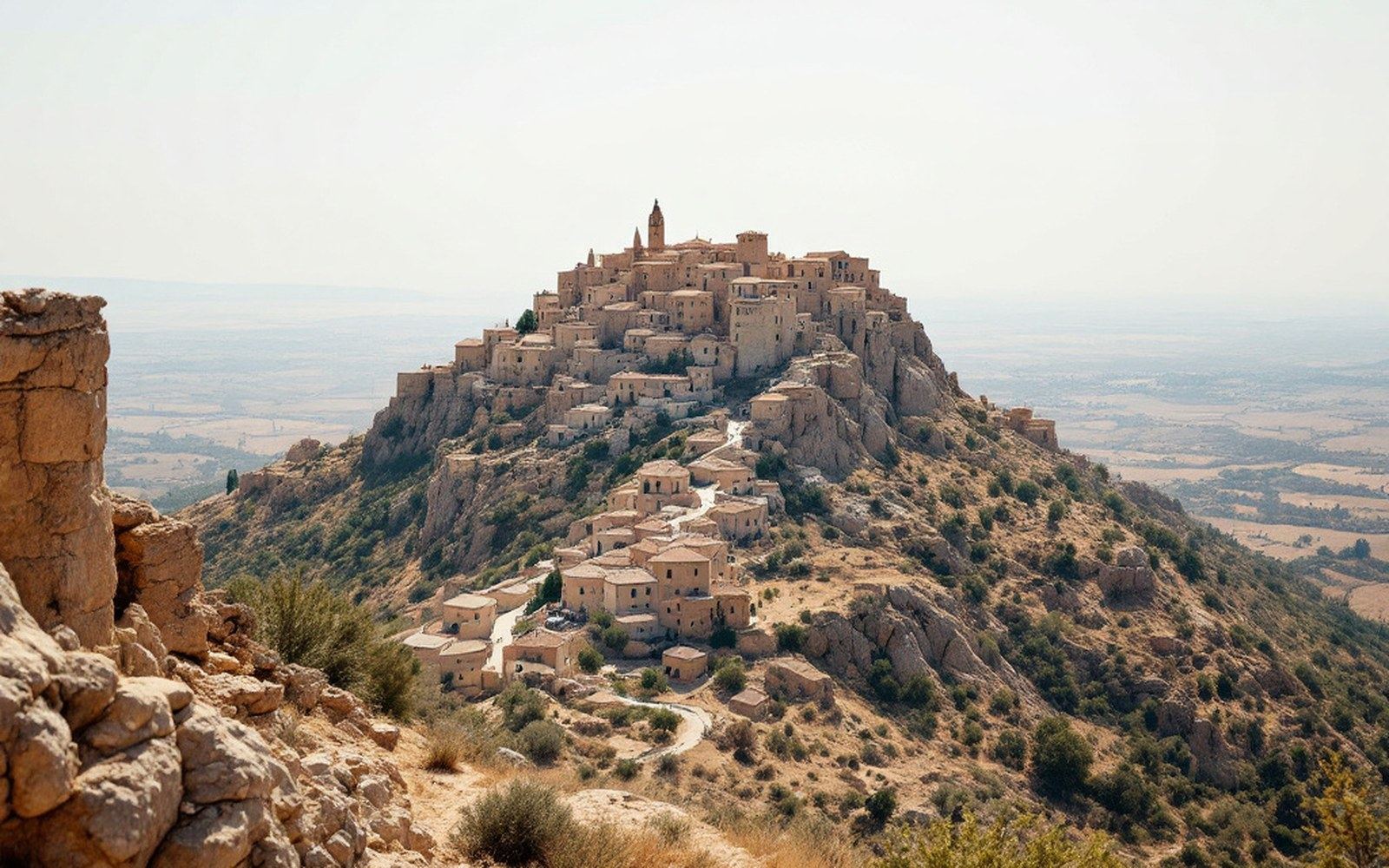 A limestone ridge with a village on top seen across a dry valley, hazy distance
