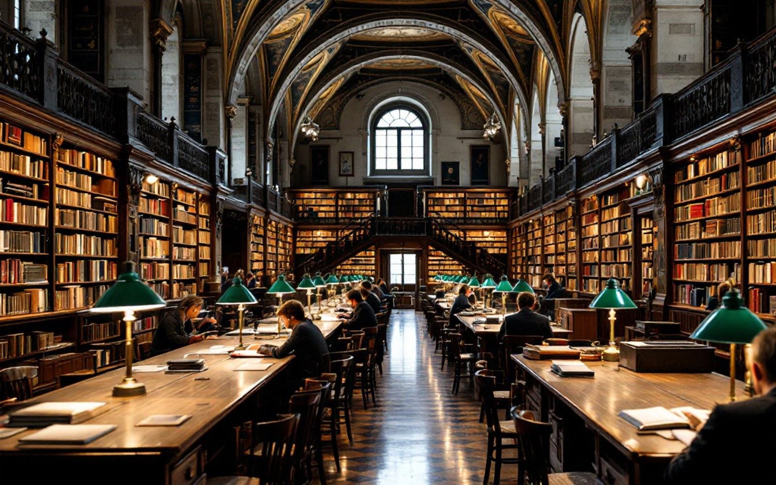 A grand library reading room with long desks and green lamps, few readers
