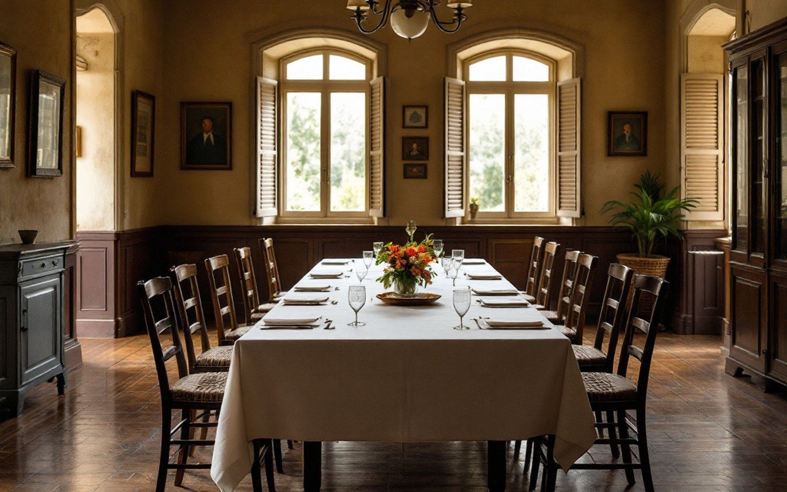 A formal room with a long table and upright wooden chairs, shuttered windows, empty
