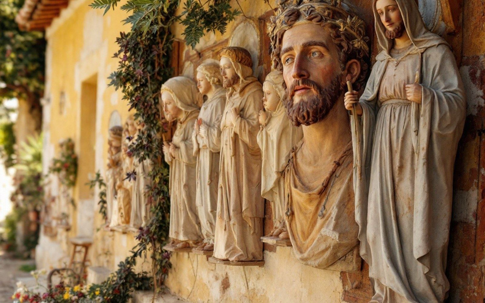 A row of painted plaster saints on brackets along a church wall, daylight