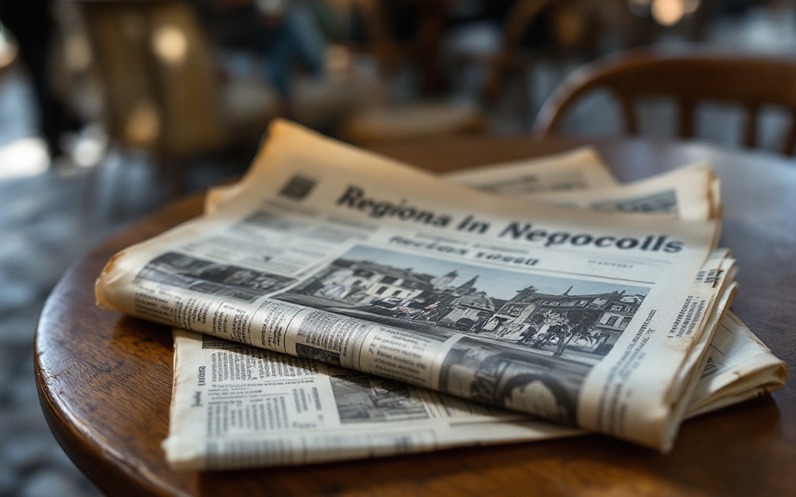 A folded regional newspaper of the 1950s lying on a café table