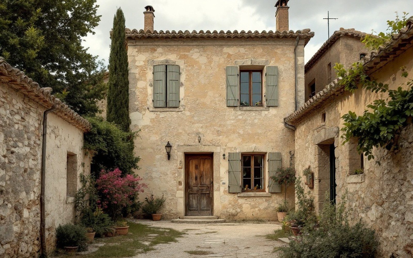 A square stone villa of the 1900s with shuttered windows standing among smaller houses