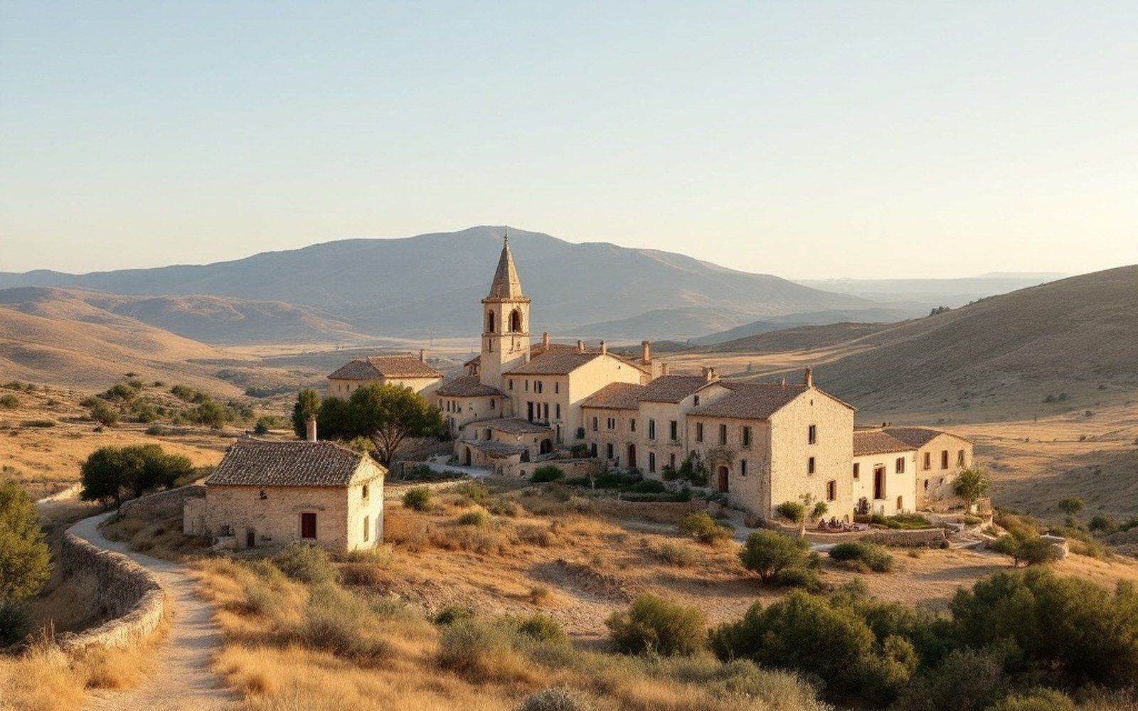 A small hilltop village of pale stone houses seen from below across dry scrubland with bare hills behind, hard afternoon light